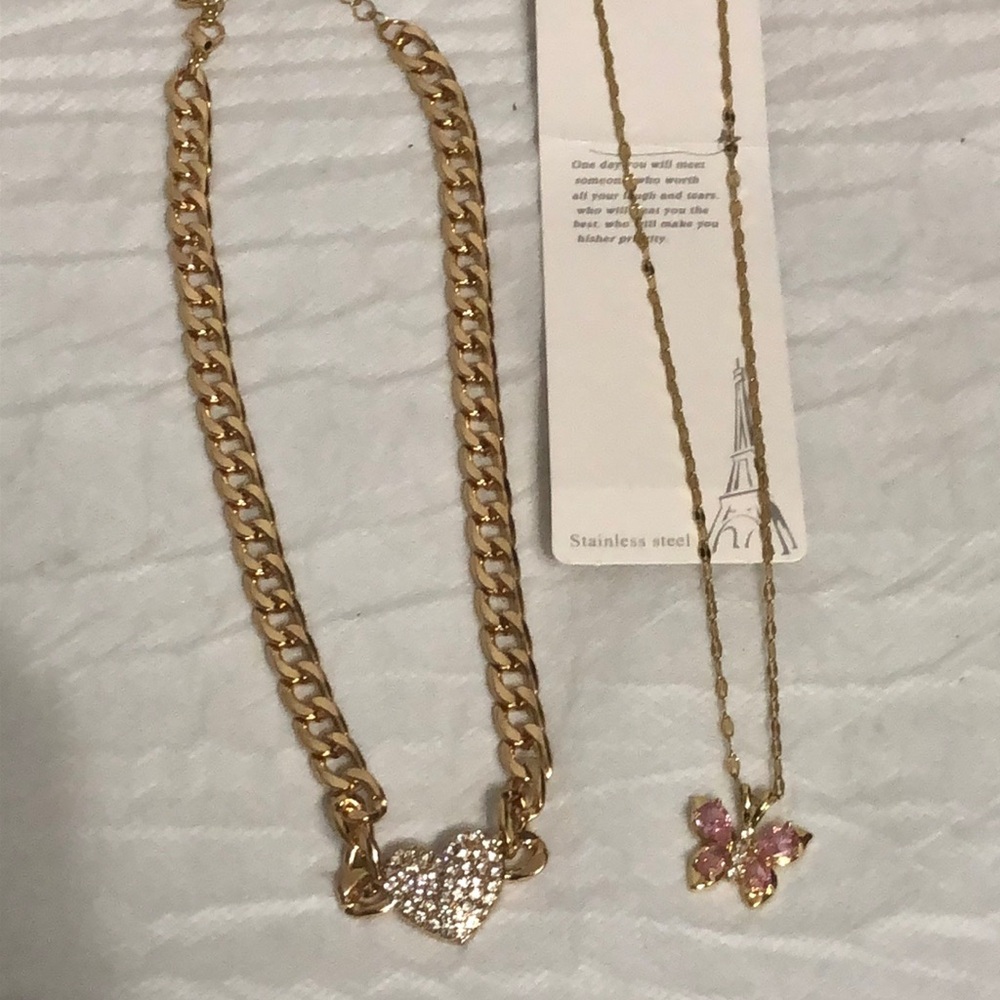 Gold Heart & Pink Butterfly Stainless Steel Necklace bundle